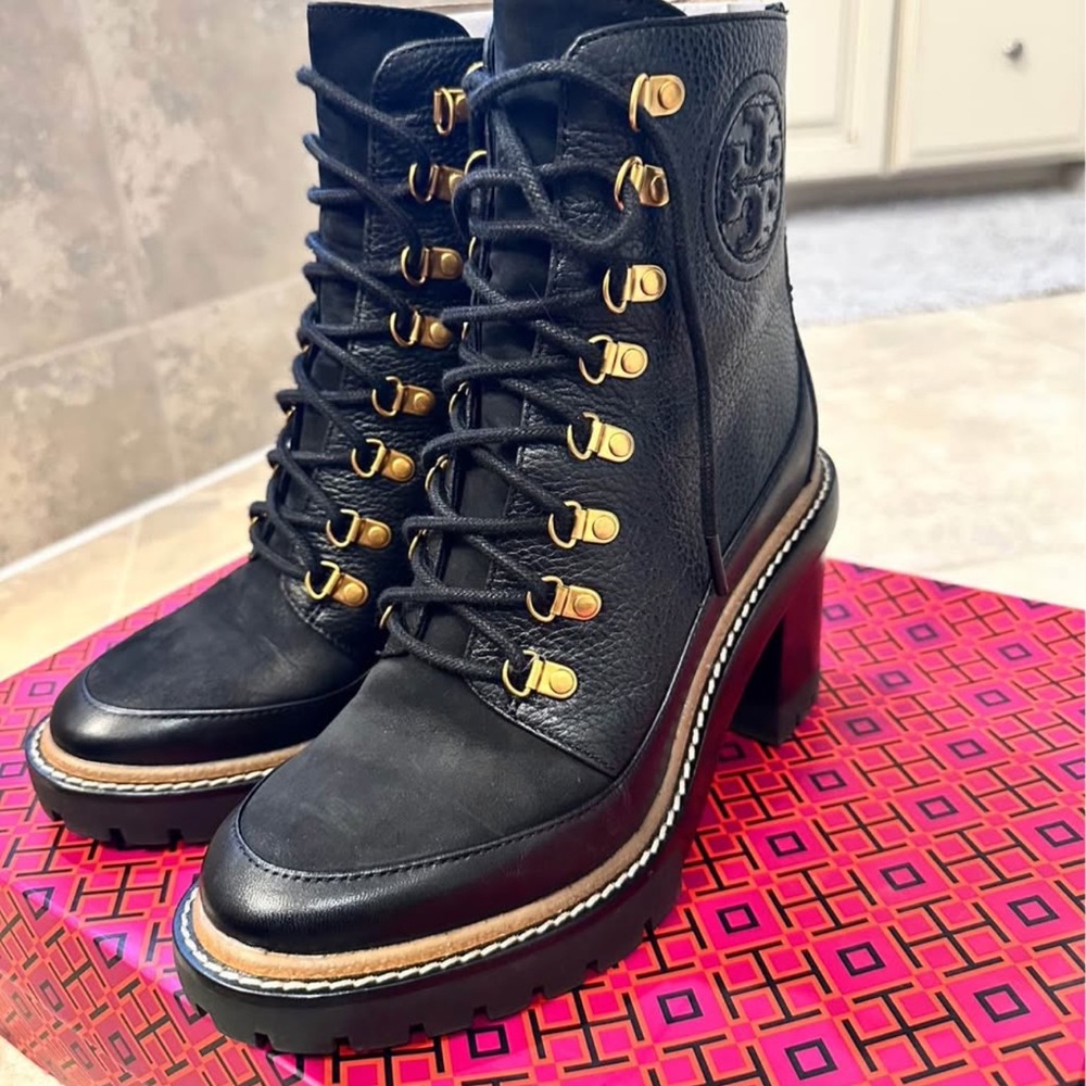 Tory Burch Black and Gold Lace Up Boots with Chunky Heel